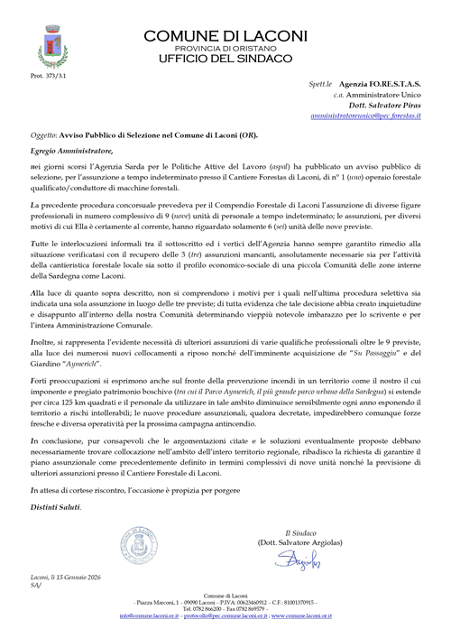 Avviso pubblico ASPAL di selezione per nuove assunzioni presso il Cantiere Forestas di Laconi. Comunicazioni del Sindaco a Forestas